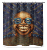 Serene Sanctuary IV patterned shower curtain in a beautifully decorated bathroom.